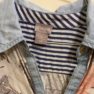 Chico's Blue and White Striped Shirt with Patterned Design